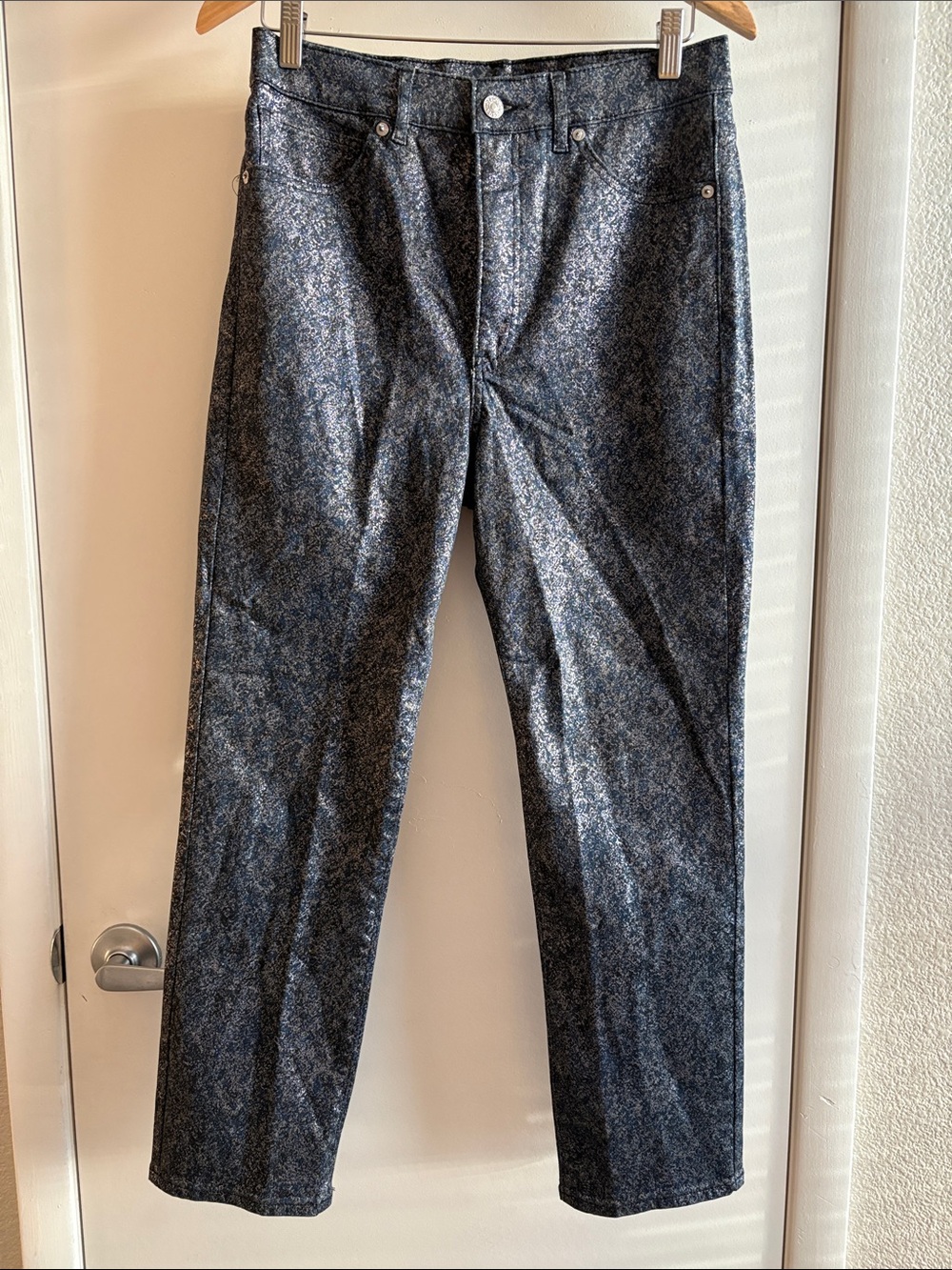 Express Slim Super High Rise Silver Metallic Straight Leg Y2K Glam Jeans SZ 10